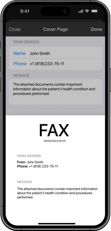 Adding a cover page in Fax App for iPhone