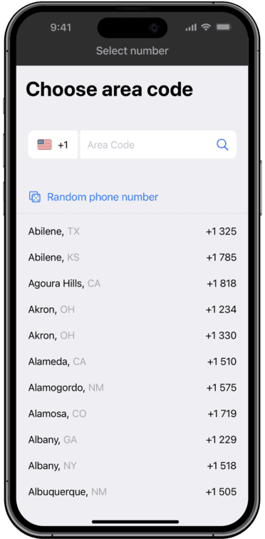 Choosing a US area code in the Fax App