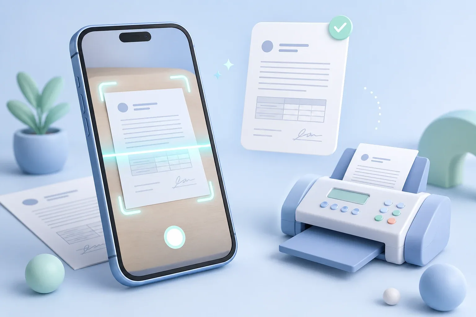 An iPhone scans a paper document with a glowing capture frame while a clean digital copy appears beside a fax machine, illustrating how to scan and fax from an iPhone.