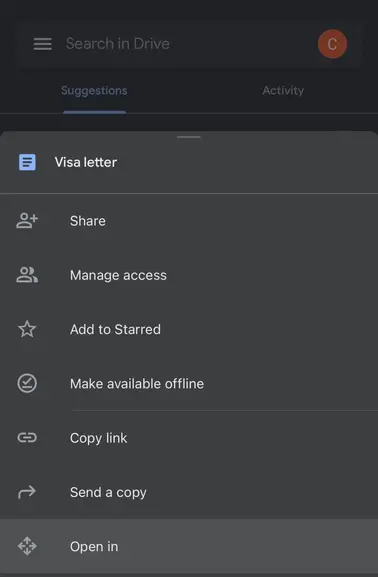 Selecting a document in the Google Drive app on iPhone