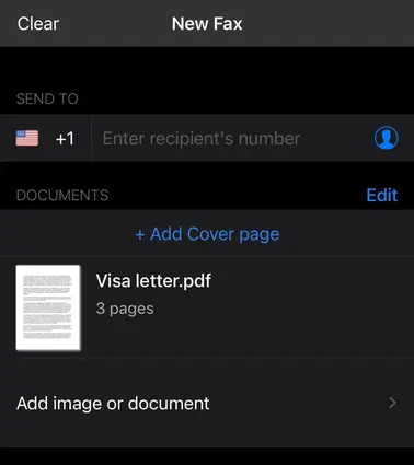 The Google Drive document attached to a new fax inside the app