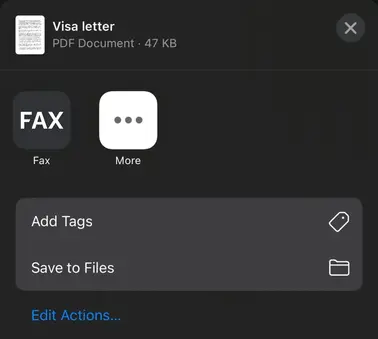 Choosing Open In and picking the fax app from the menu