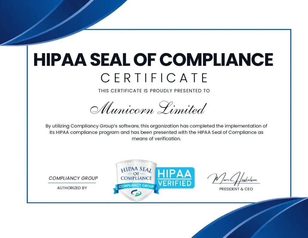 Municorn Fax HIPAA compliance certificate from Compliancy Group