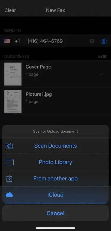 Municorn Fax add image or document and scan documents option