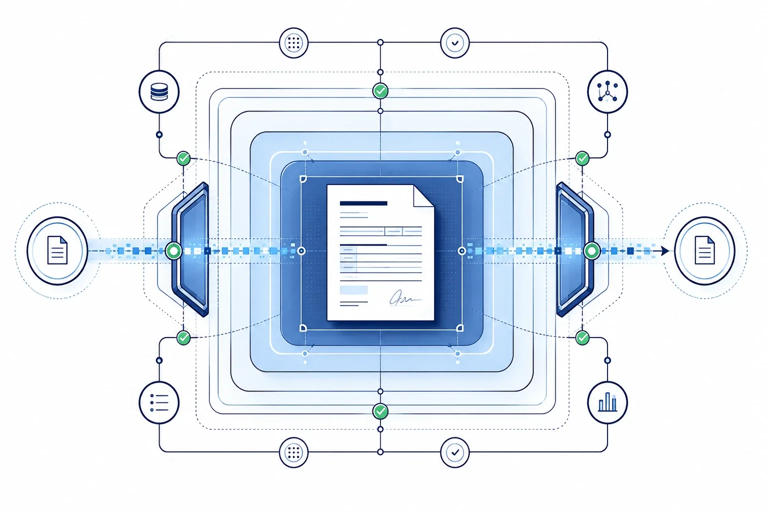 A protected medical document sits inside layered security zones with verified checkpoints and controlled transmission paths, illustrating HIPAA-compliant faxing.