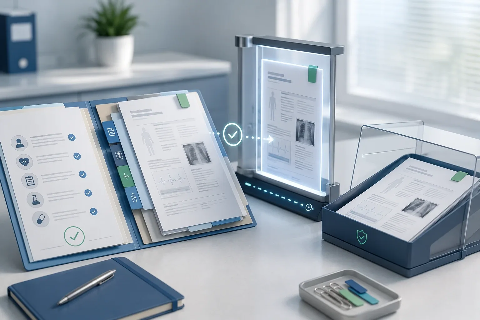 An organized patient chart is reviewed and transferred through a secure illuminated frame into a protected receiving tray, illustrating how to fax medical records safely.