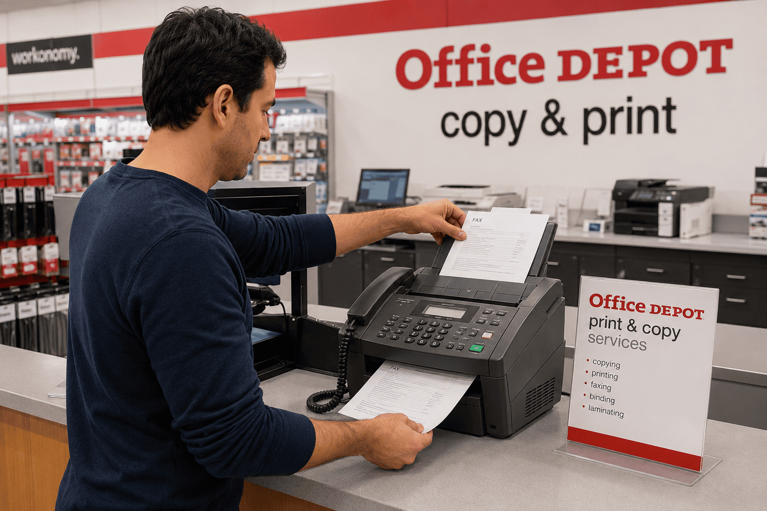 man faxing at office depot