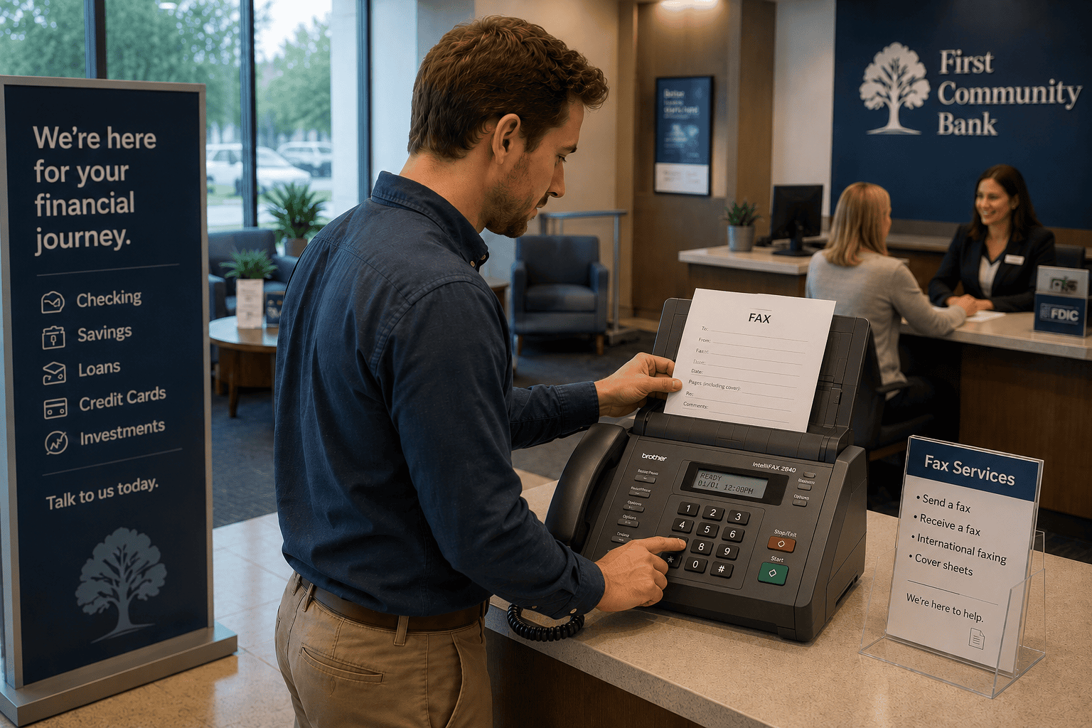image of a person faxing at the bank