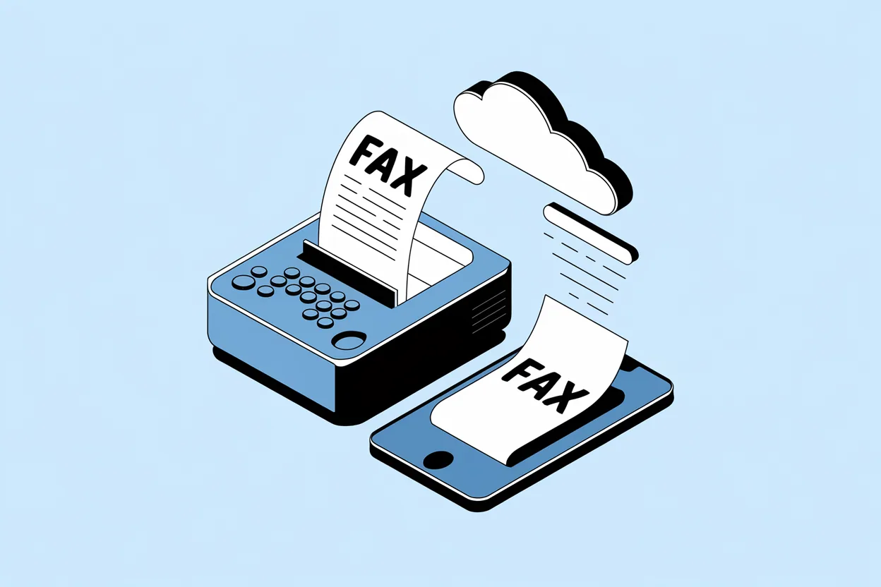 The fax machine is emitting a paper with text that says "Fax". The smartphone has an app open with the text "Fax". There is a cloud icon above the smartphone