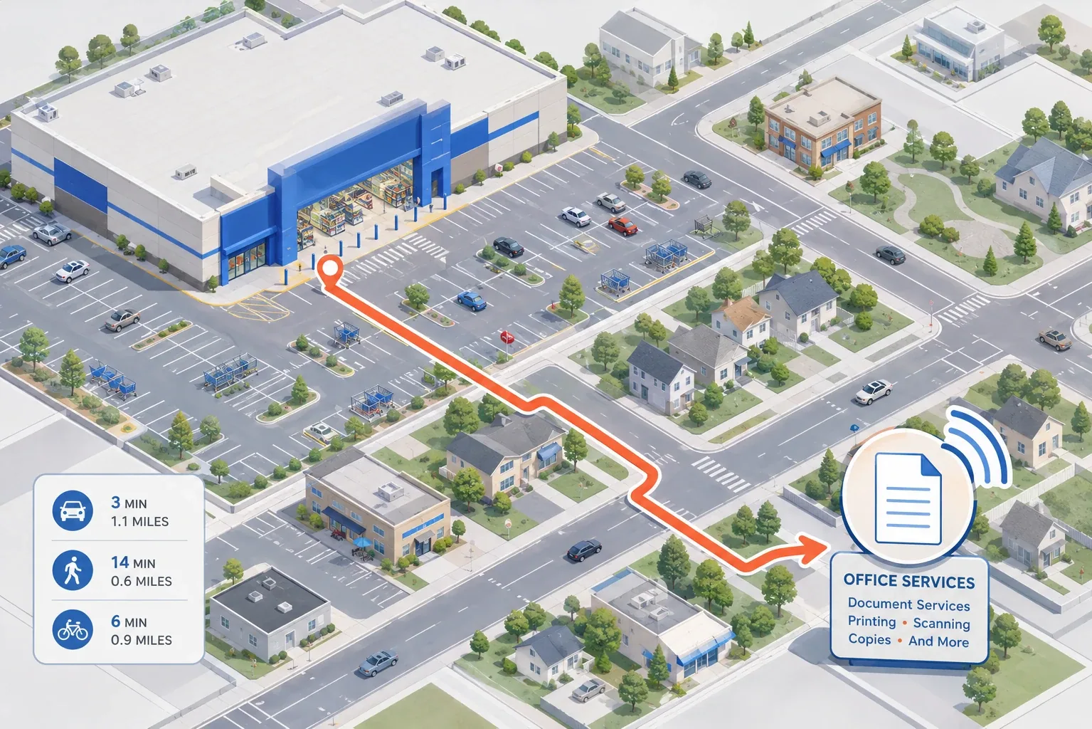 Aerial map of a large retail store and surrounding neighborhood with directions to a separate office-services location.