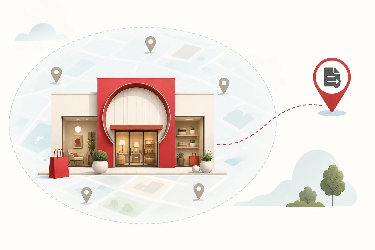 Modern red-accented retail landmark within a local search area, with a route leading to a separate document-services destination.