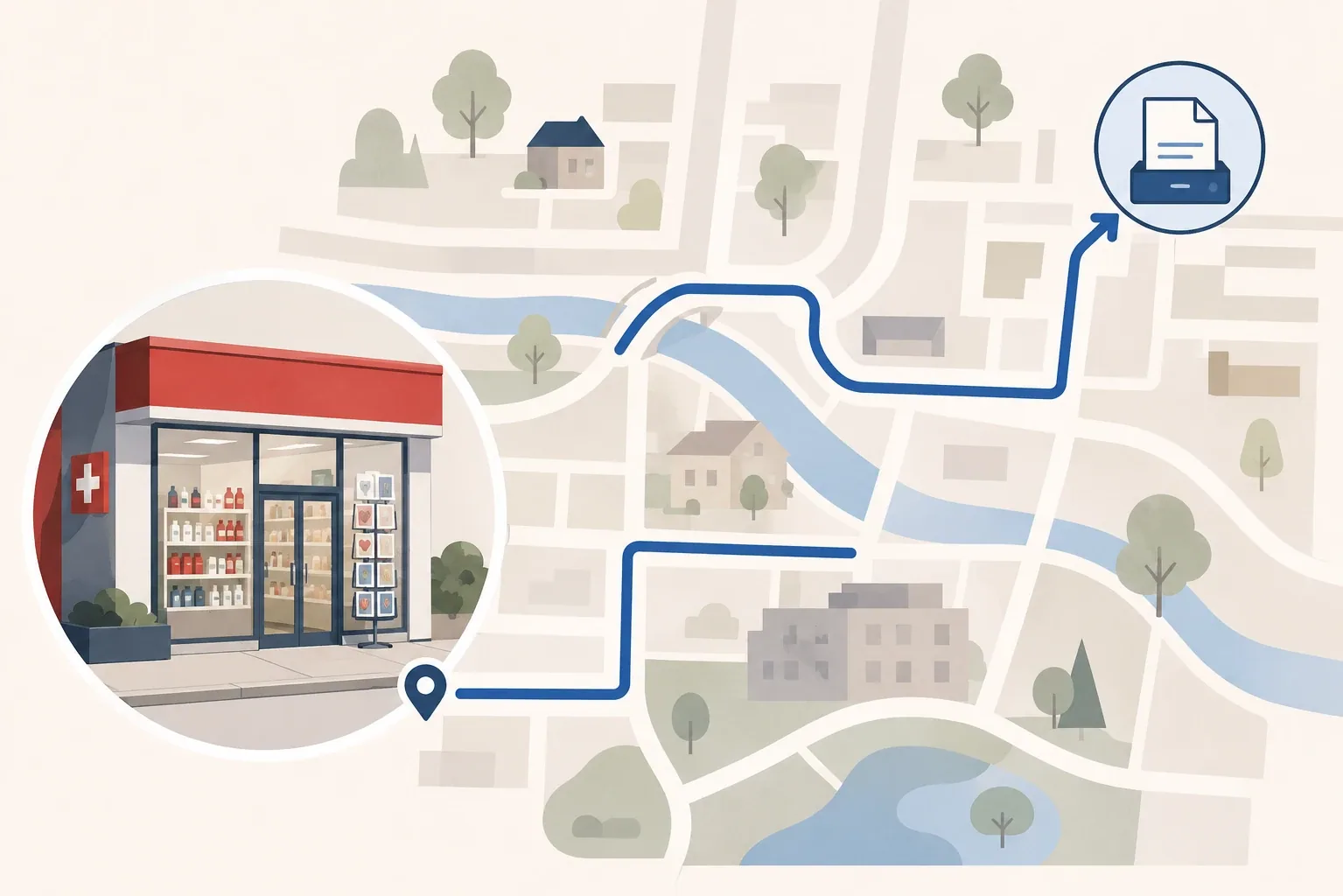 Neighborhood map showing a generic pharmacy landmark and a route to a separate nearby document-services location.