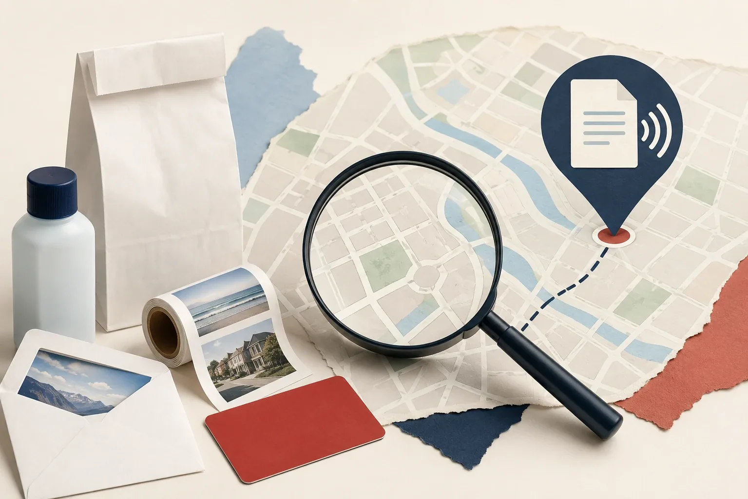 Magnifying glass over a local map beside pharmacy-related items, highlighting a nearby document-transmission destination.