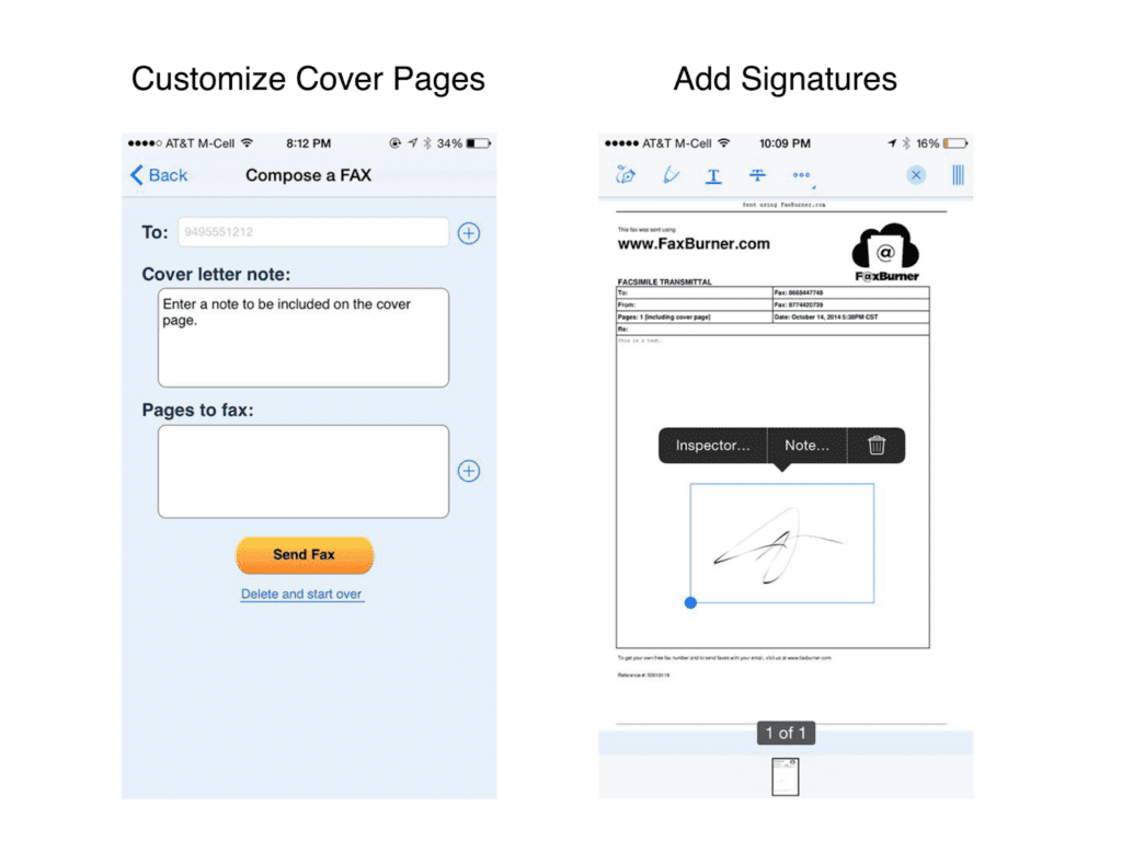 FaxBurner iPhone app interface