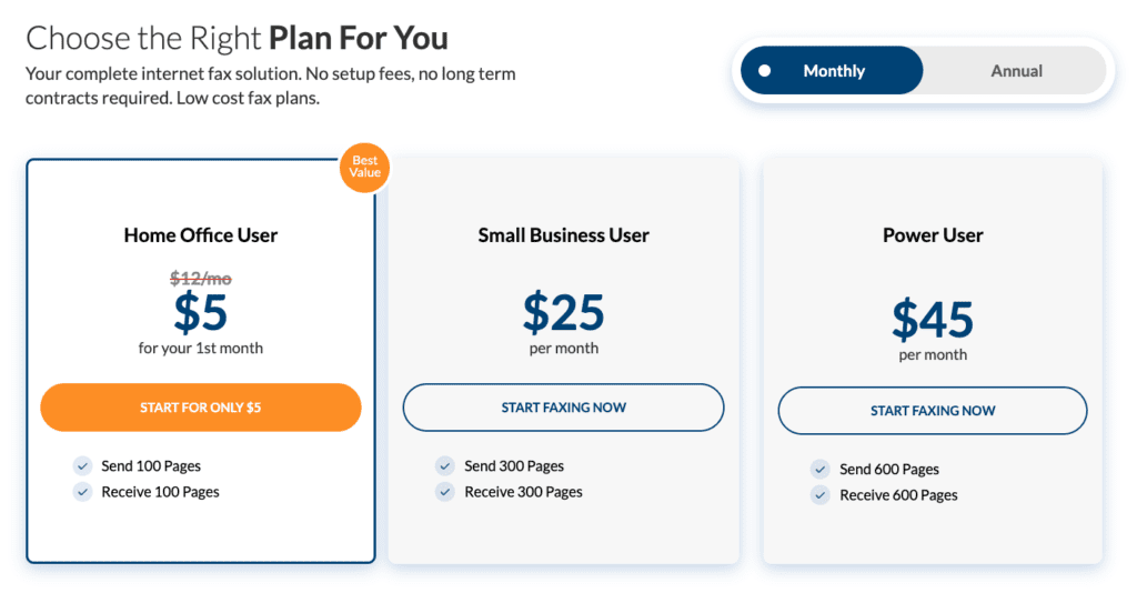 MyFax pricing packages