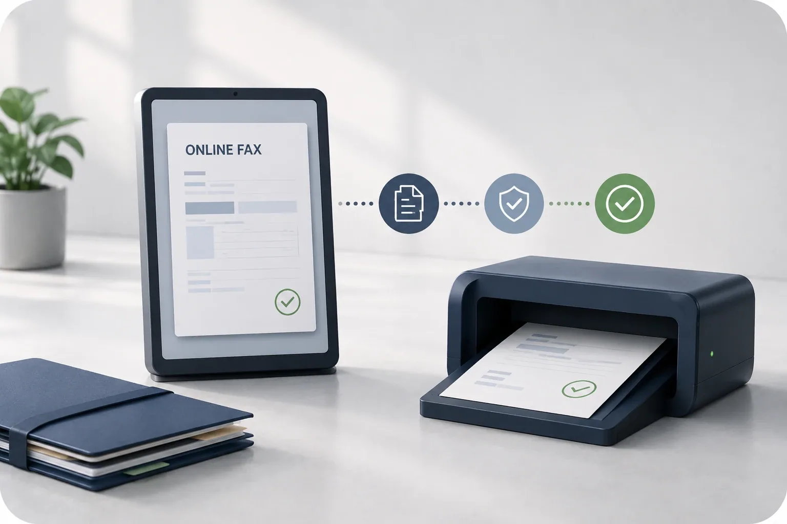 An online fax document moves through document, security, and verification stages before reaching a confirmed output.