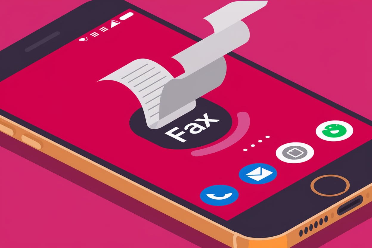 An illustration of a smartphone with the Android operating system. A fax icon is highlighted on the home screen. There's a paper flying out of the phone, symbolizing the fax feature.