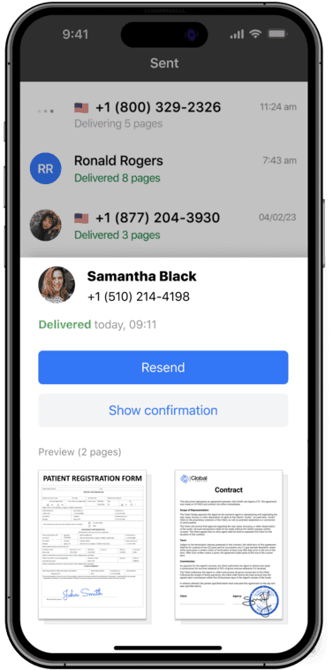 Fax delivery confirmation screen on iPhone