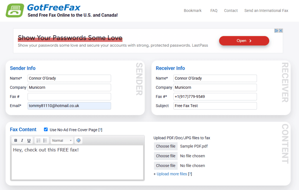 Captura de pantalla de la interfaz de GotFreeFax