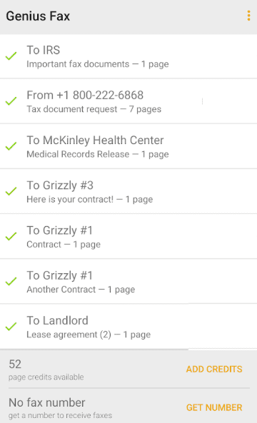 Genius Fax app interface on Android