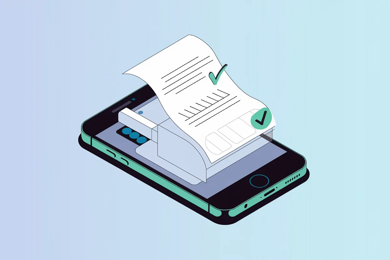 a stylized iPhone with a fax machine, illustrating how a person can fax from iphone
