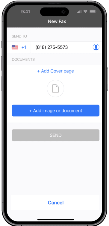 iPhone fax app open on the new-fax send screen