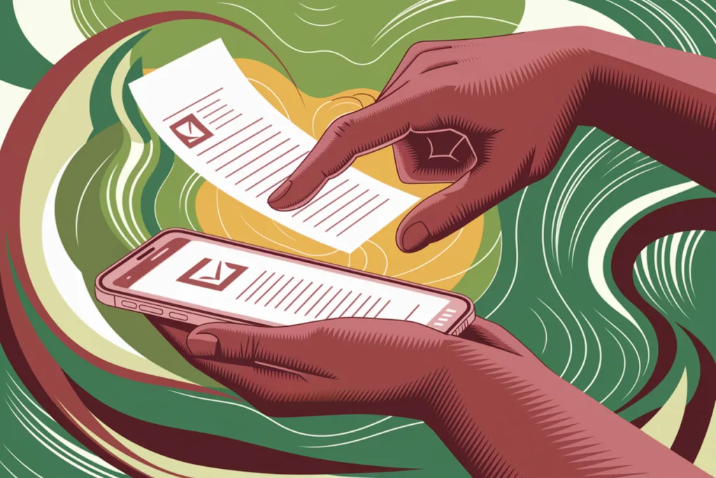 A person faxing a check with a smartphone