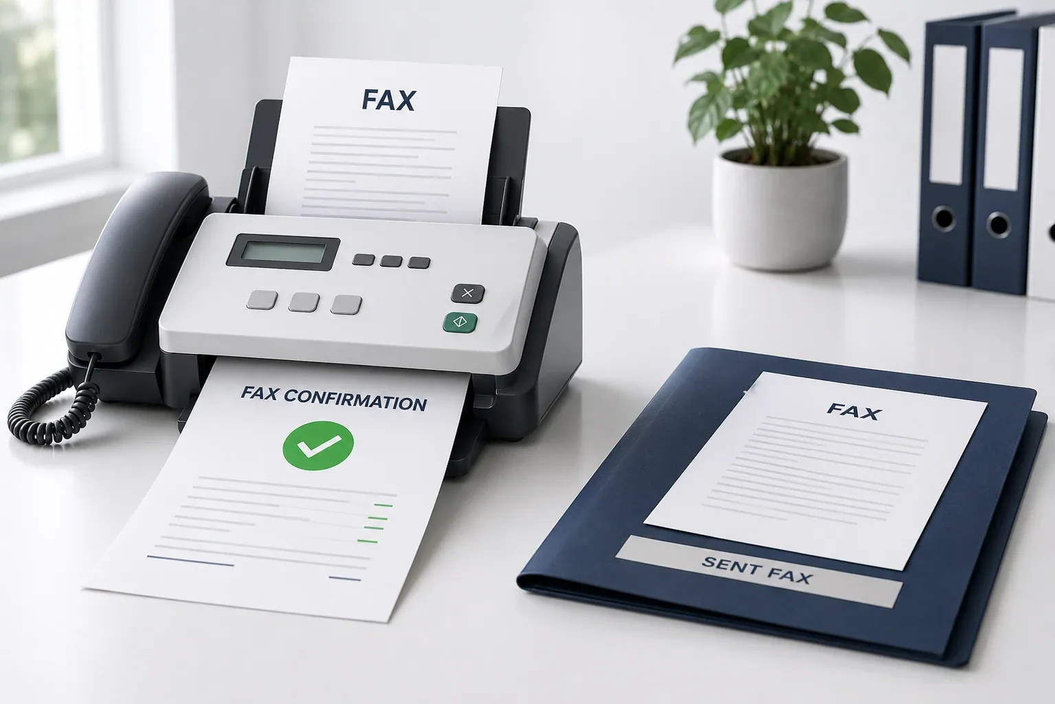 A modern fax machine prints a fax confirmation sheet with a green checkmark beside the original fax document in a navy folder, illustrating proof of delivery.