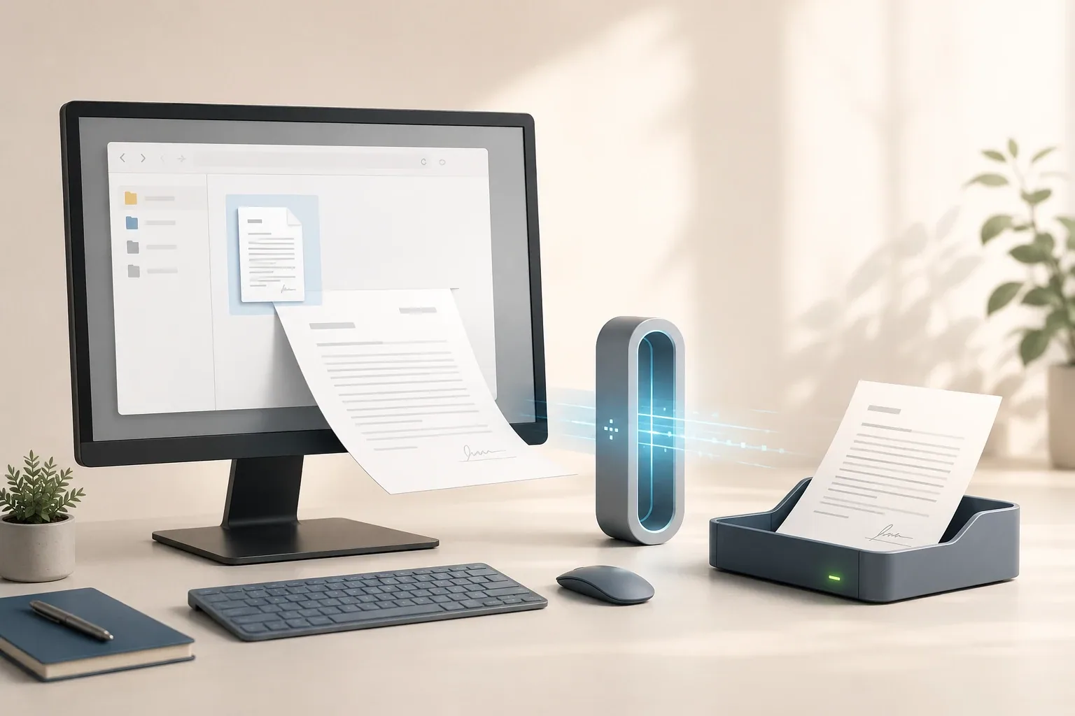 A desktop computer sends a digital document through a glowing fax gateway to a receiving tray, illustrating how to fax from a computer.