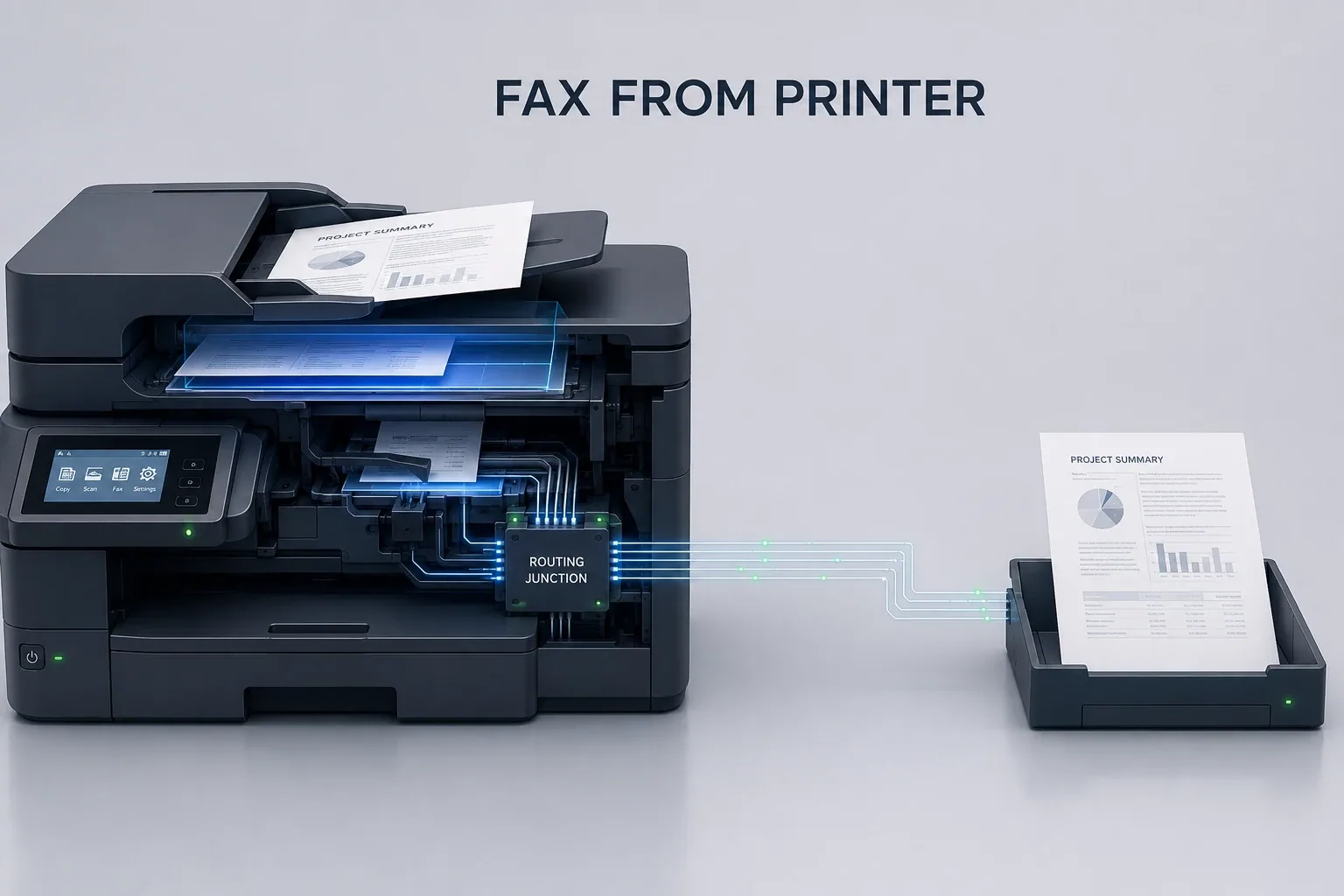 A modern multifunction printer scans a document, routes it through an internal fax process, and transmits it to a receiving tray.