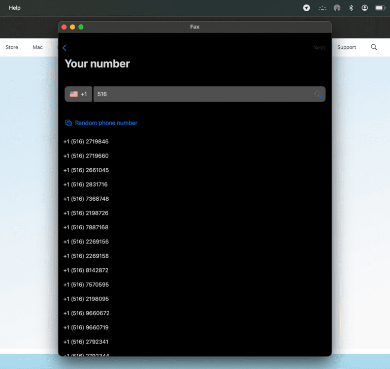 Choosing a fax number area code in Municorn Fax on Mac