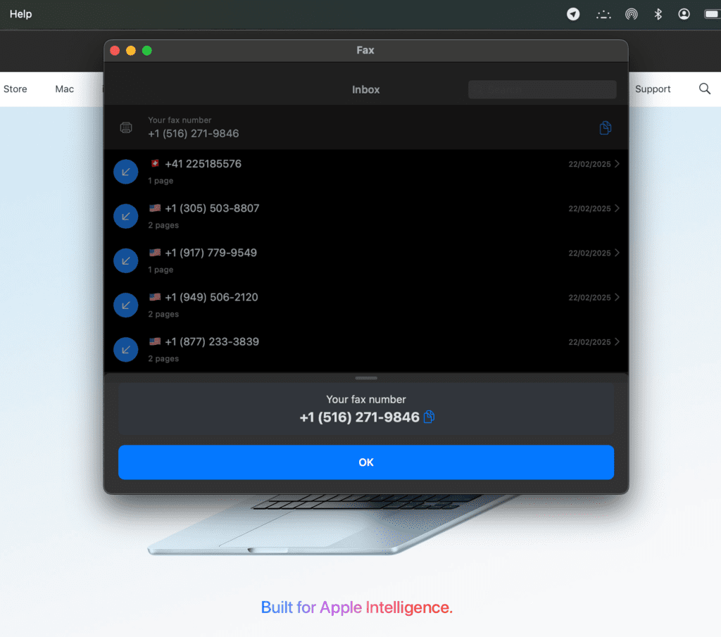 Municorn Fax app on Mac showing the assigned fax number at the top of the interface