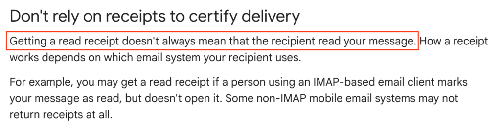 Google help documentation stating that a read receipt does not confirm delivery