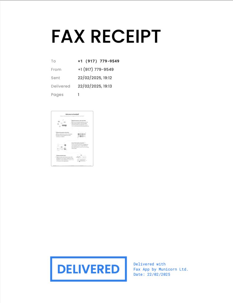 A Municorn Fax confirmation page confirming delivery of a fax