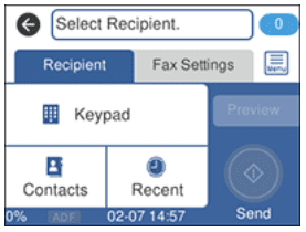 A printer fax menu for sending a fax from a printer