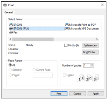 The print menu on a computer, showing a fax printer option