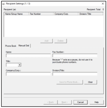 A fax menu on a computer for entering the recipient's fax number