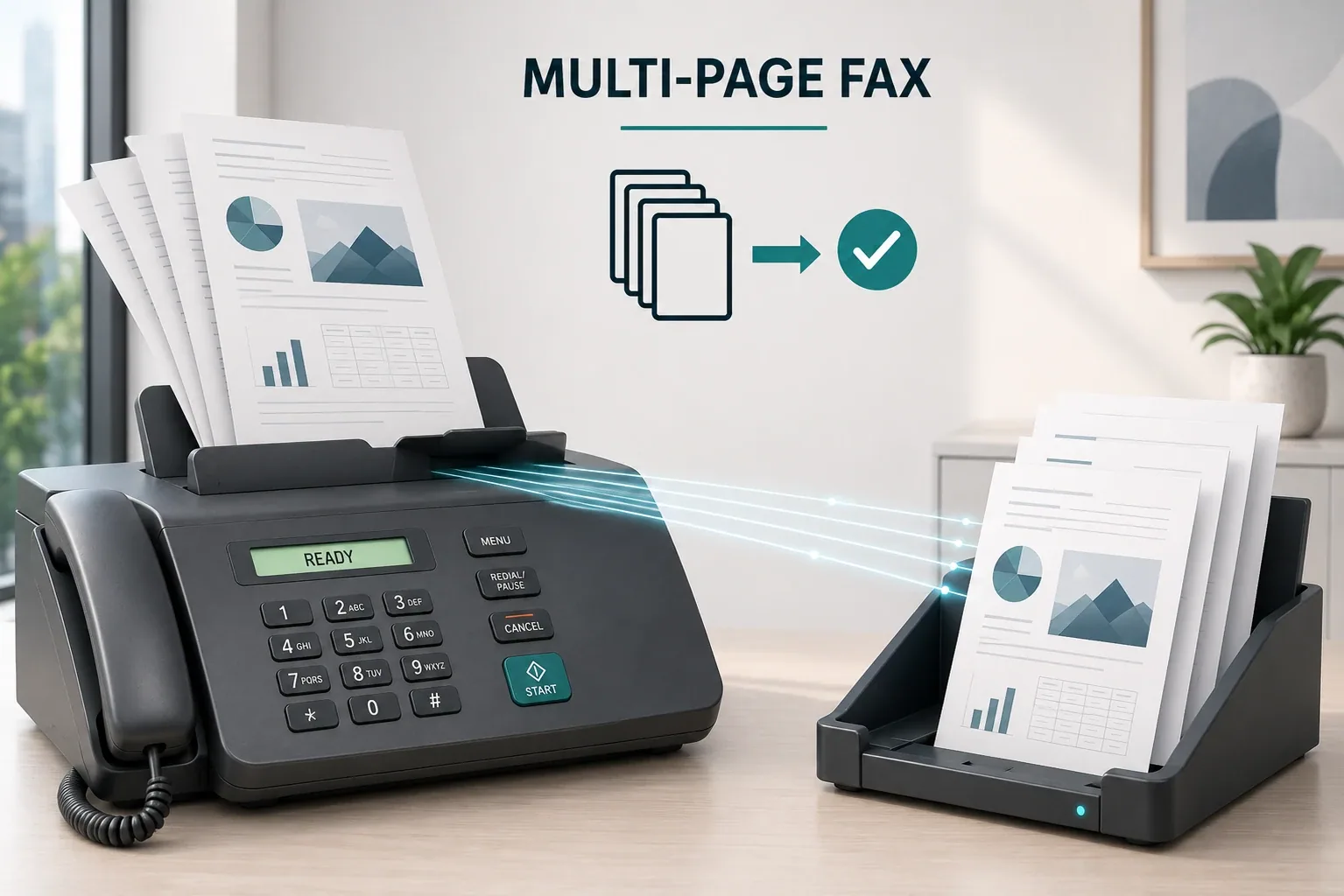 A stack of multiple pages feeds into a fax machine and arrives in order in a receiving tray, illustrating how to fax multiple pages at once.