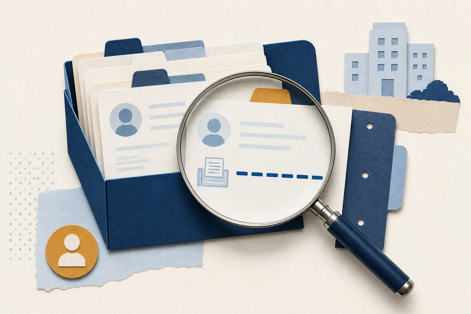 An illustration to finding a fax number. Open contact directory made from layered index cards, with several blank contact cards arranged in tabs