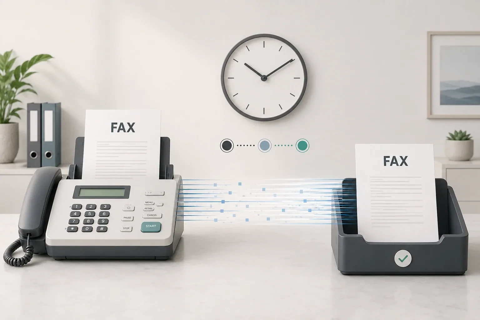 A modern fax machine transmits a document toward a receiving tray beneath a wall clock, illustrating how long a fax takes to send.