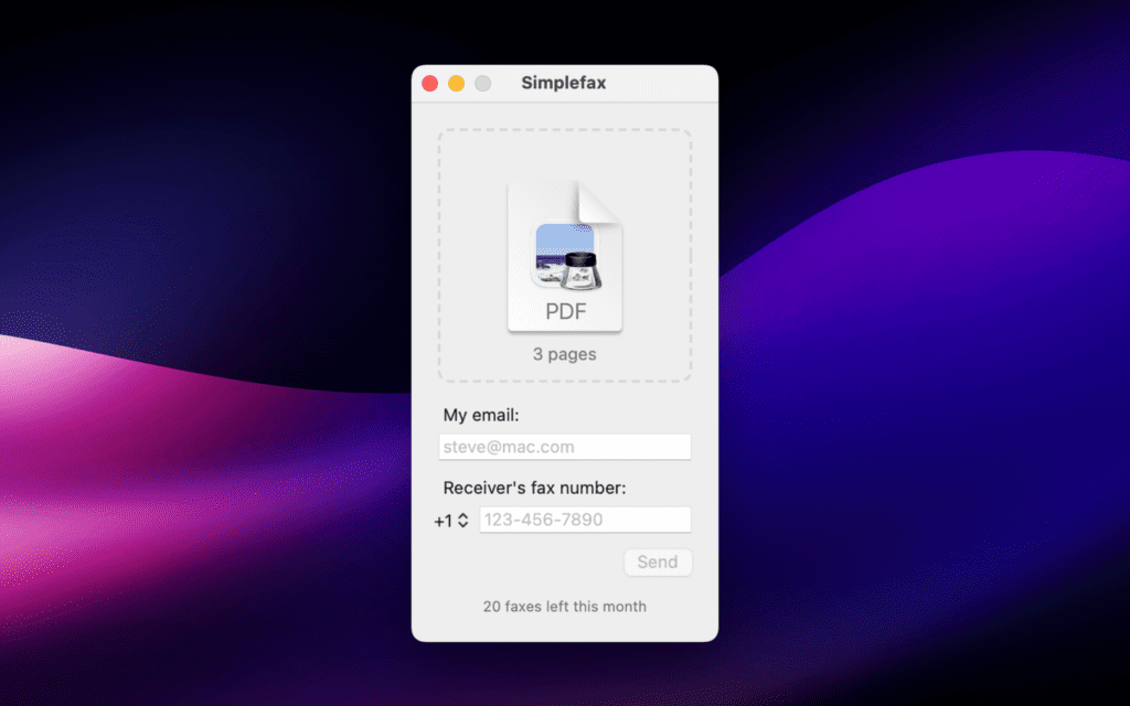 simplefax sending a fax interface