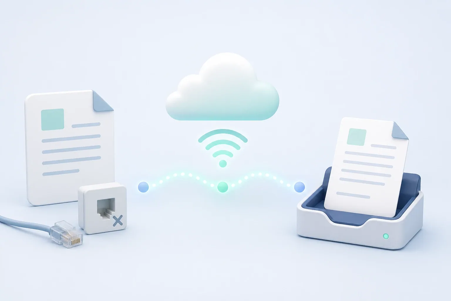 A document moves wirelessly through a cloud connection to a fax tray, while a disconnected phone-line plug and port show that faxing is possible without a landline.