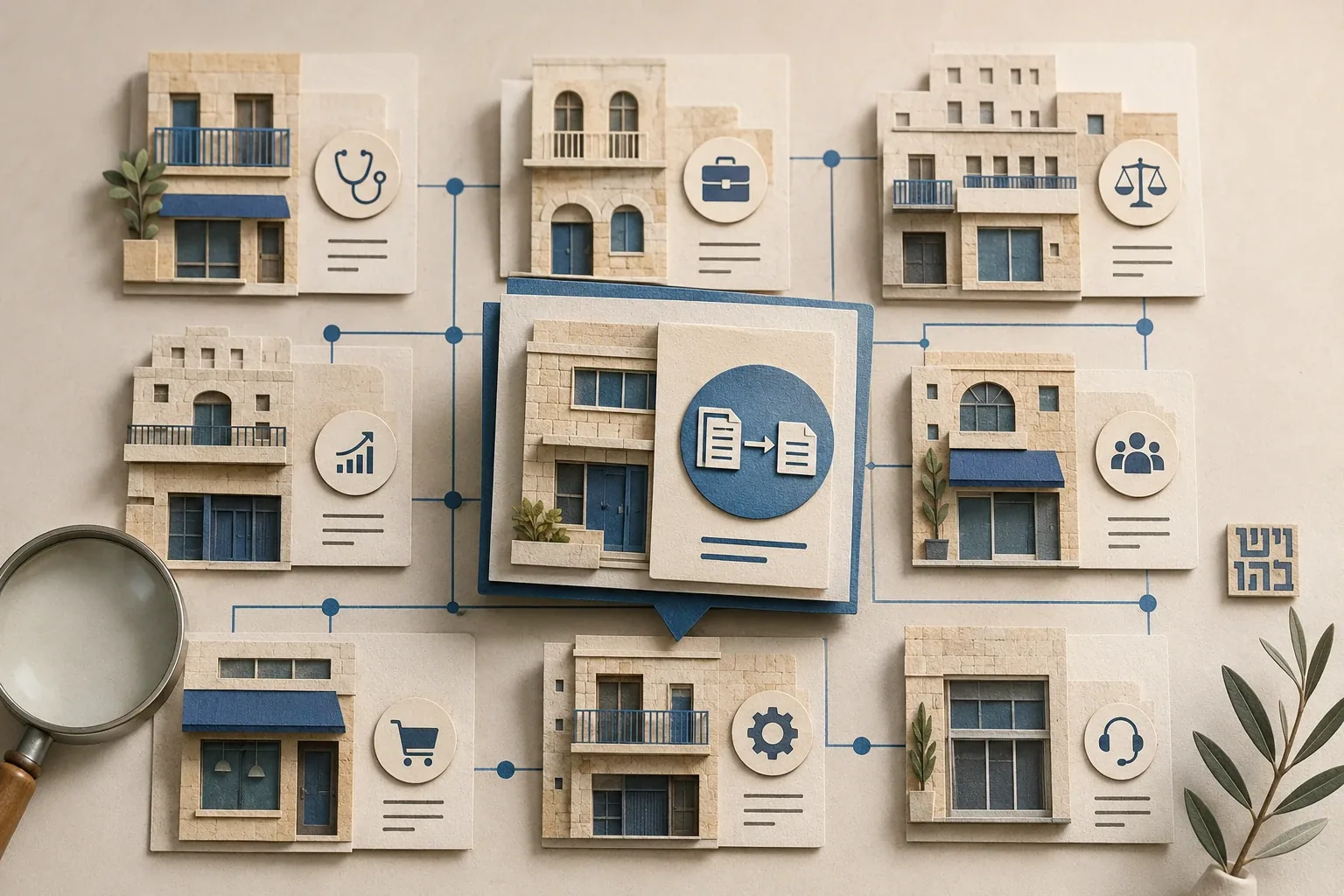 faxing in israel illustration showing an abstract of storefronts of businesses including copyshops