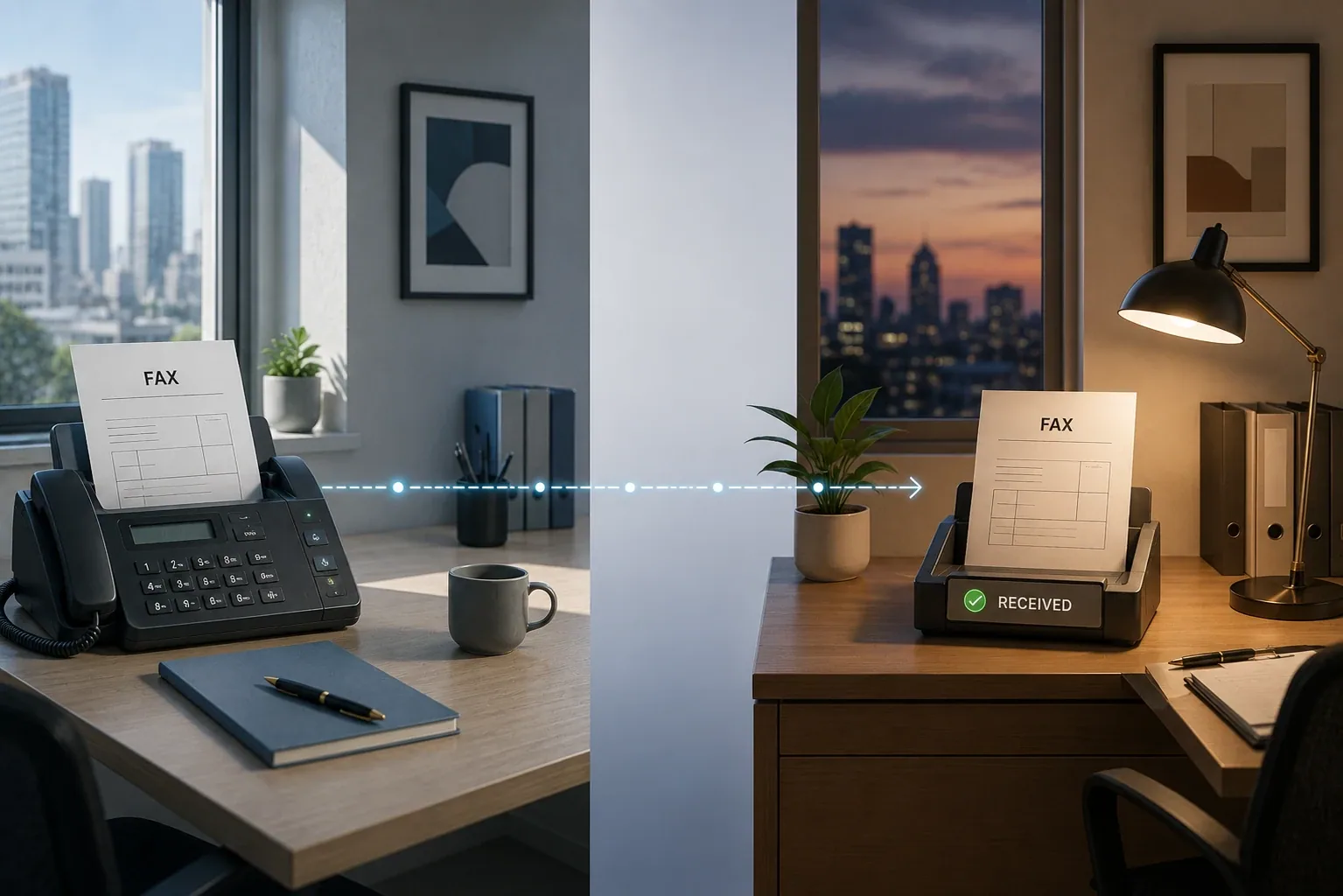 A fax document travels from a bright daytime office to a receiving tray in an evening office, illustrating international faxing across distant locations and time zones.