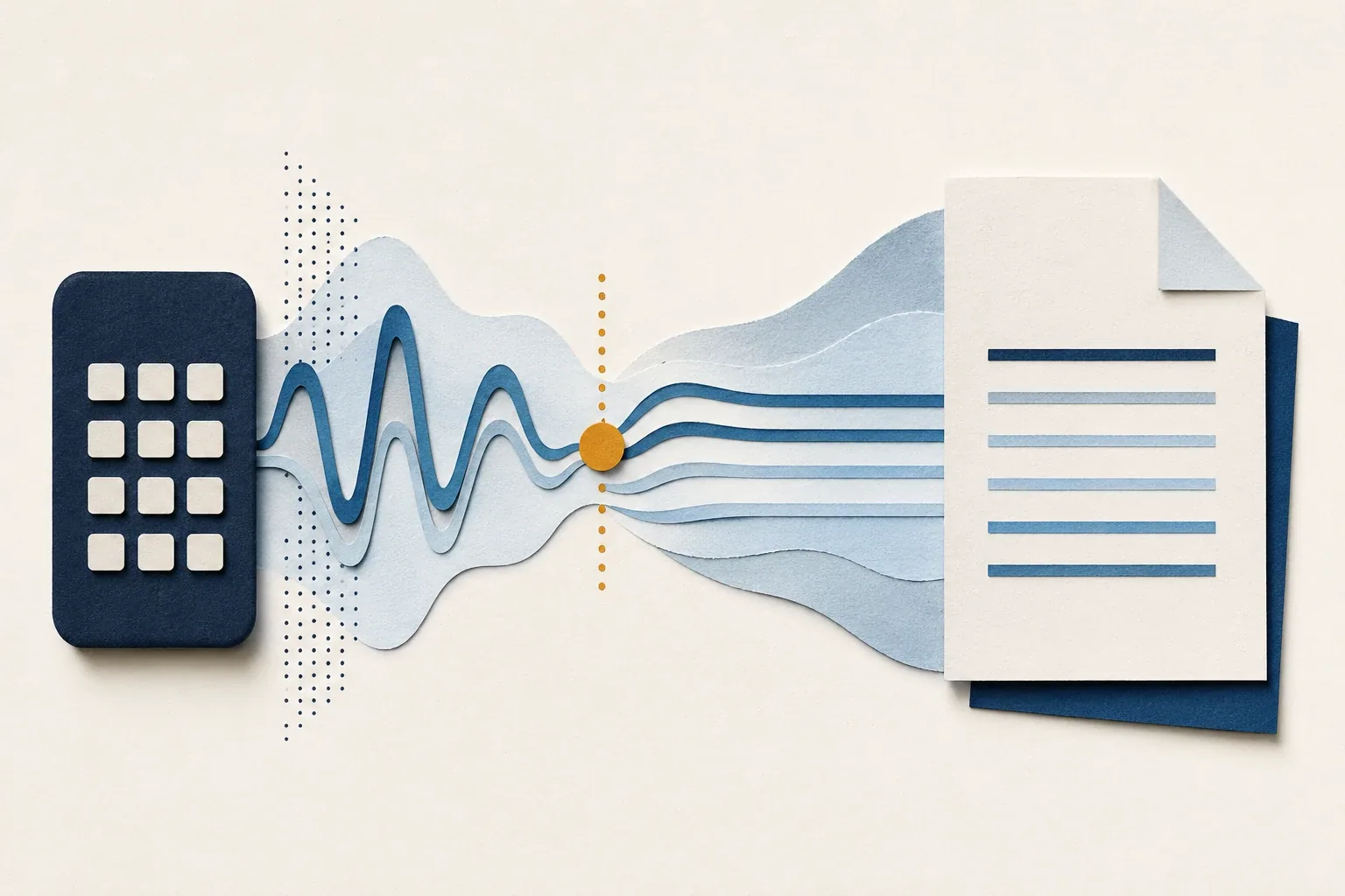 Abstract illustration of a phone keypad signal transforming into document lines to represent dialing a fax number and sending a fax.