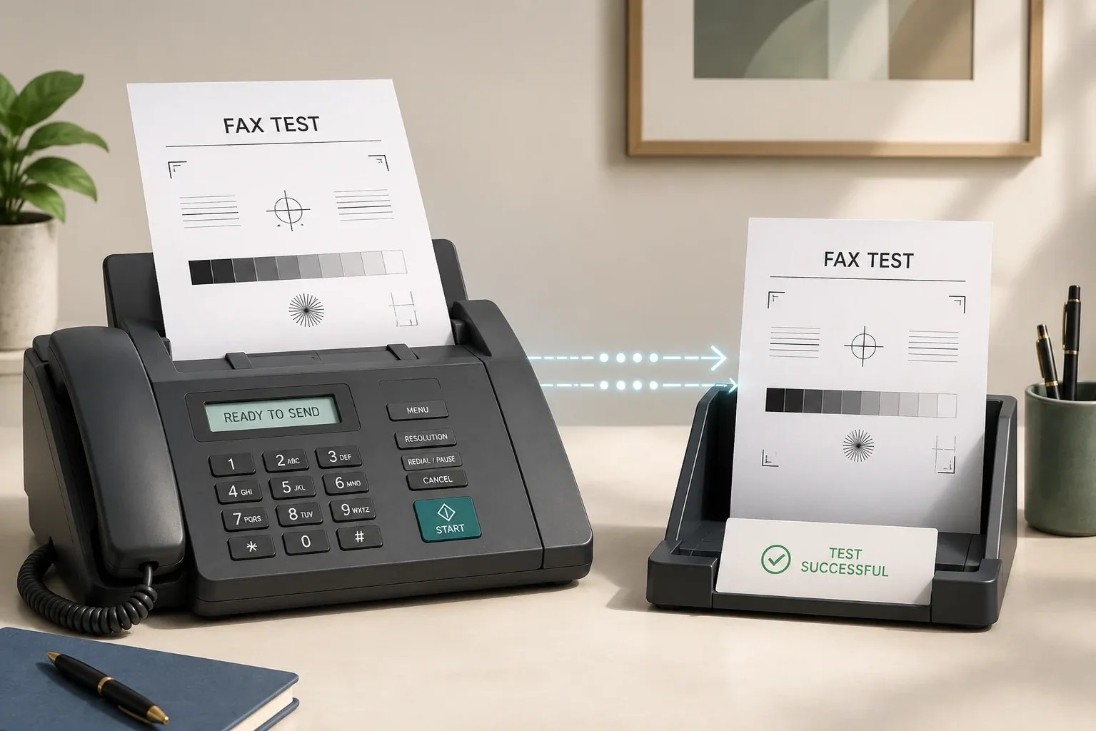 A fax machine sends a test page with alignment marks and grayscale blocks to a receiving tray, illustrating how to send a test fax and confirm fax quality.