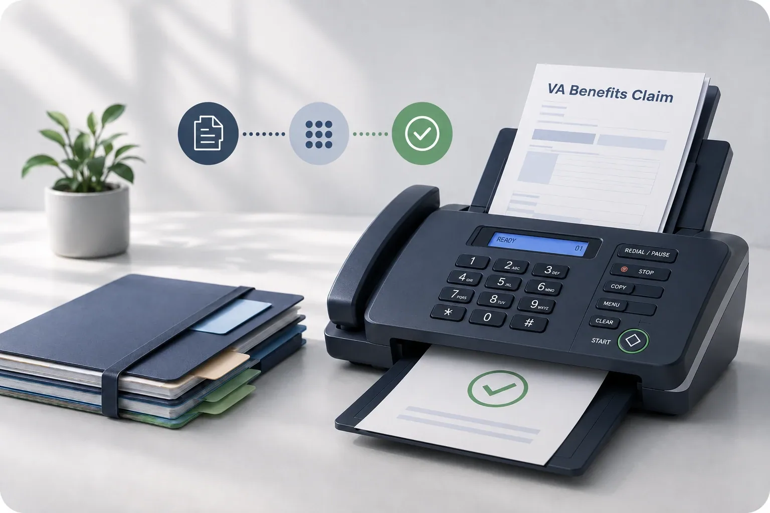 A VA benefits claim form is loaded into a fax machine beside an organized document packet, with simple icons showing preparation, sending, and successful delivery.