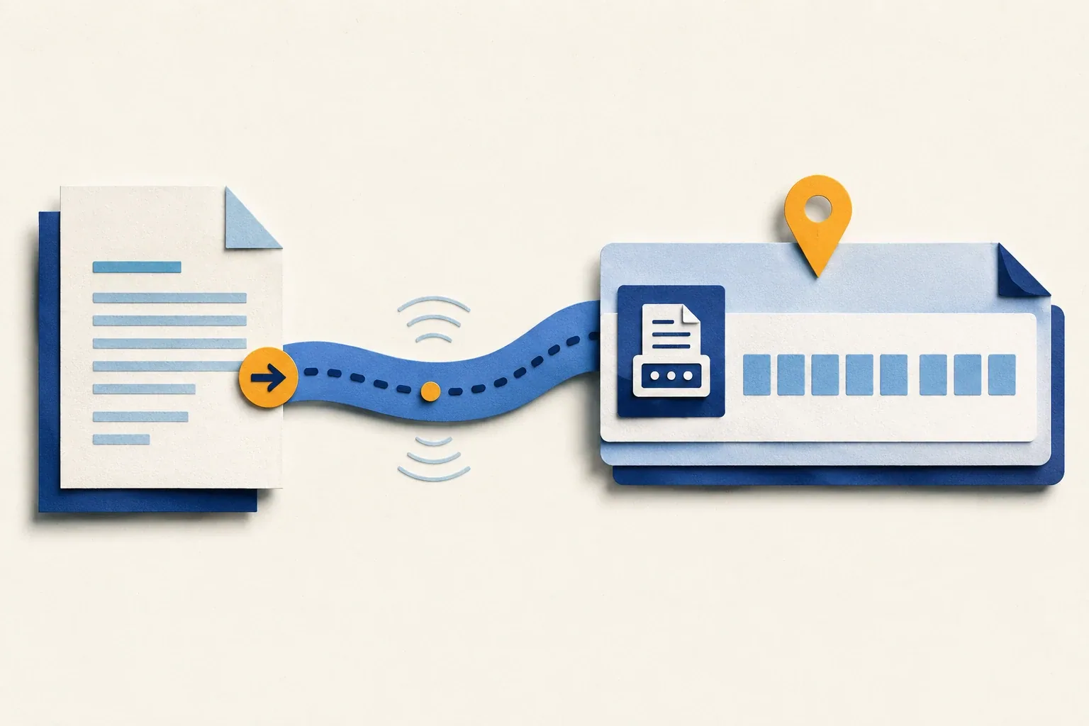 Illustration of a document traveling along a blue path to a fax destination card, showing how a fax number routes documents to the correct recipient.