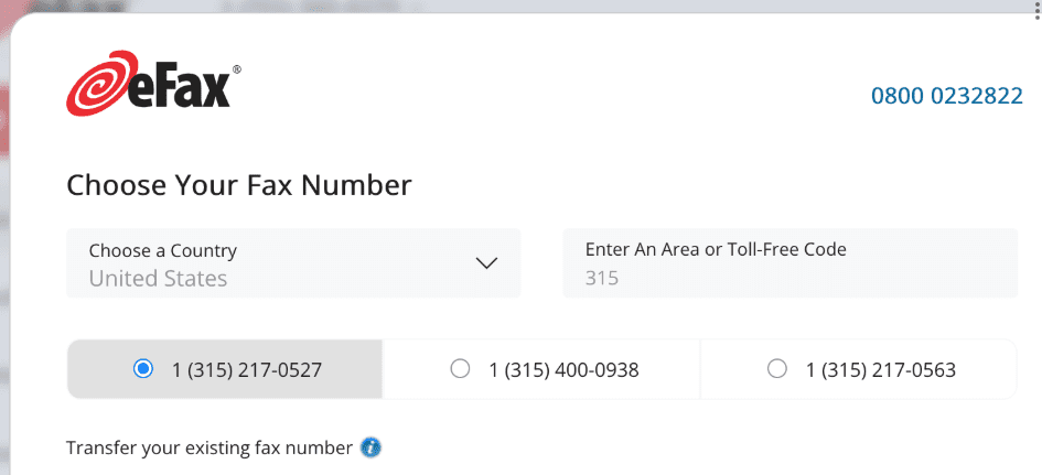 eFax choose area code