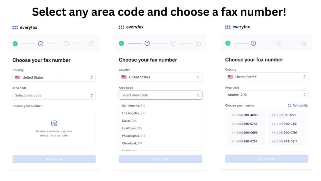 everyfax interface of choosing the area code and a fax number